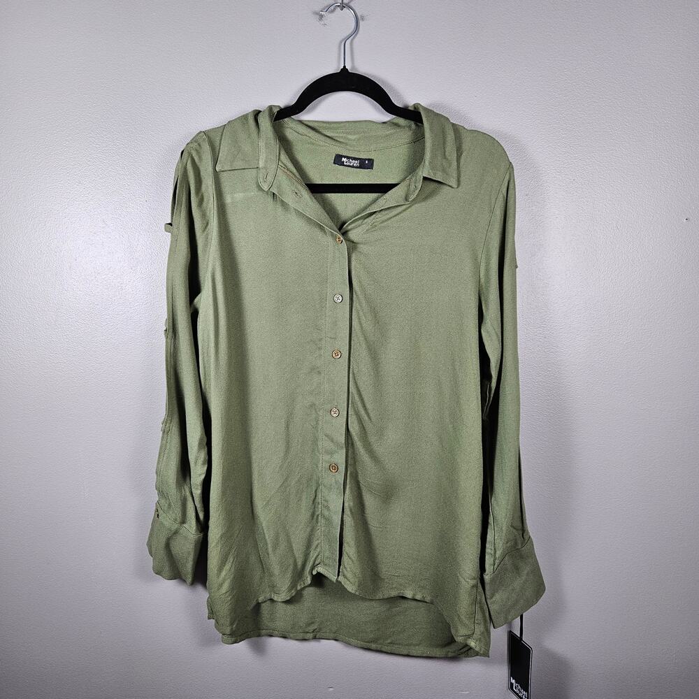 Michael Lauren Nobel Button Up Shirt Green Rayon‎ Slit Sleeve Strap Detail Sz S
